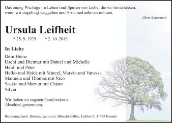 Traueranzeige von Ursula Leifheit von Deister- und Weserzeitung
