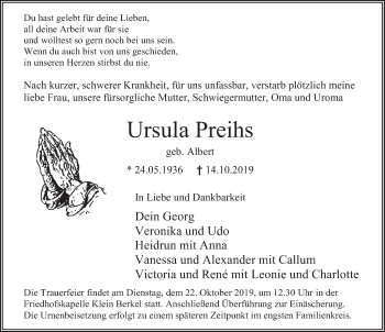 Traueranzeige von Ursula Preihs von Deister- und Weserzeitung