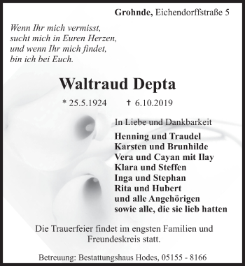 Traueranzeige von Waltraud Depta von Deister- und Weserzeitung