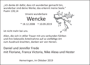 Traueranzeige von Wencke  von Deister- und Weserzeitung