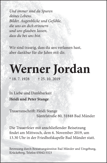Traueranzeige von Werner Jordan von Neue Deister-Zeitung