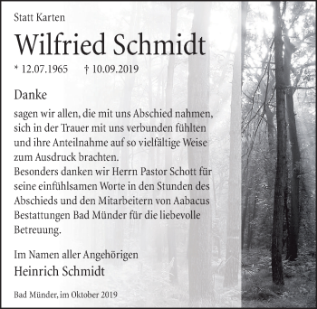 Traueranzeige von Wilfried Schmidt von Neue Deister-Zeitung