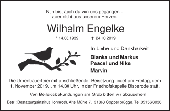 Traueranzeige von Wilhelm Engelke von Deister- und Weserzeitung