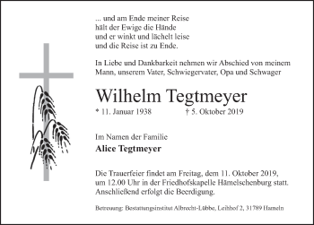 Traueranzeige von Wilhelm Tegtmeyer von Deister- und Weserzeitung