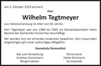 Traueranzeige von Wilhelm Tegtmeyer von Deister- und Weserzeitung