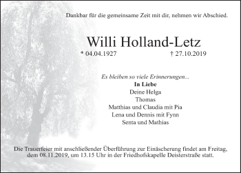 Traueranzeige von Willi Holland-Letz von Deister- und Weserzeitung