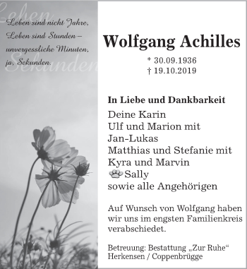 Traueranzeige von Wolfgang Achilles von Deister- und Weserzeitung
