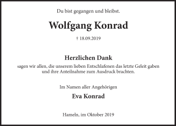 Traueranzeige von Wolfgang Konrad von Deister- und Weserzeitung