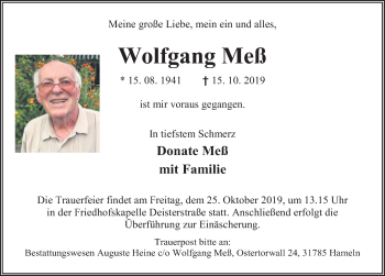 Traueranzeige von Wolfgang Meß von Deister- und Weserzeitung