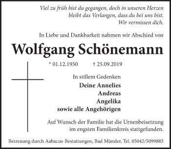 Traueranzeige von Wolfgang Schönemann 