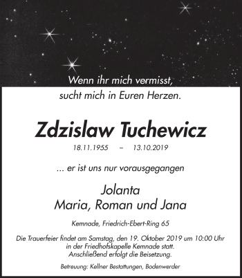 Traueranzeige von Zdzislaw Tuchewicz von Deister- und Weserzeitung