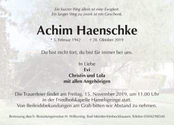 Traueranzeige von Achim Haenschke von Neue Deister-Zeitung