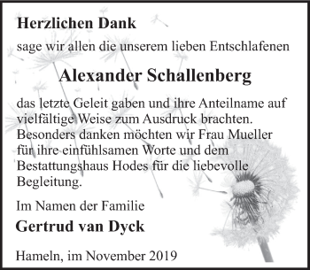 Traueranzeige von Alexander Schallenberg von Deister- und Weserzeitung