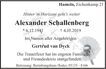 Traueranzeige von Alexander Schallenberg von Deister- und Weserzeitung