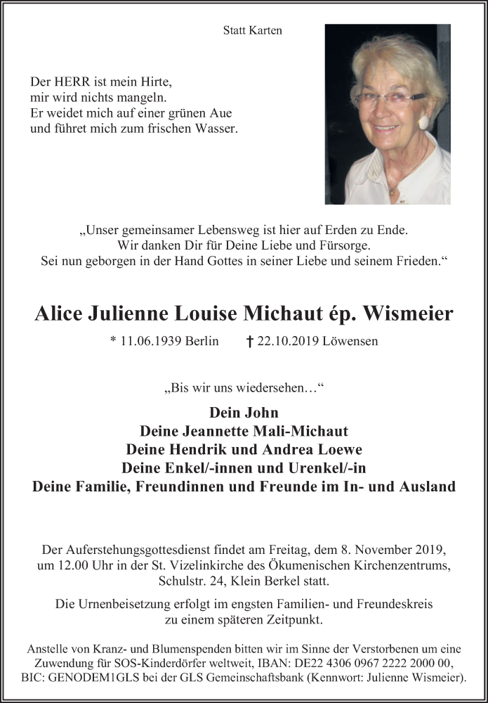  Traueranzeige für Alice Julienne Louise Michaut vom 02.11.2019 aus Deister- und Weserzeitung