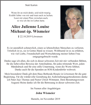 Traueranzeige von Alice Julienne Louise Michaut ep. Wismeier von Deister- und Weserzeitung