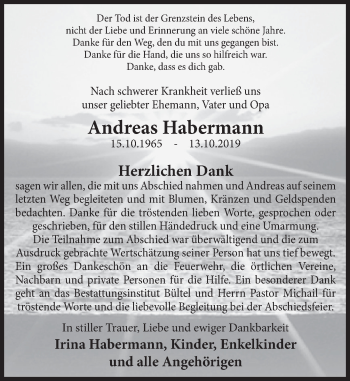 Traueranzeige von Andreas Habermann von Deister- und Weserzeitung