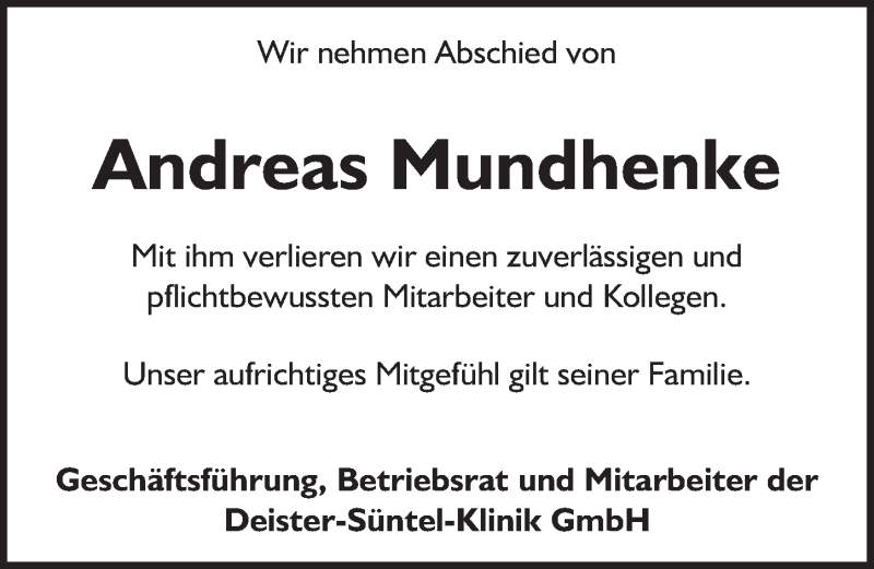  Traueranzeige für Andreas Mundhenke vom 30.11.2019 aus Neue Deister-Zeitung