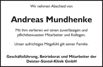 Traueranzeige von Andreas Mundhenke von Neue Deister-Zeitung