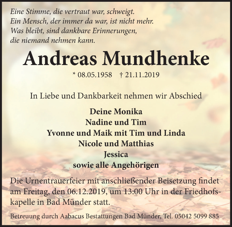  Traueranzeige für Andreas Mundhenke vom 27.11.2019 aus Neue Deister-Zeitung