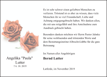 Traueranzeige von Angelika  Lutter von Deister- und Weserzeitung