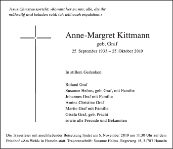 Traueranzeige von Anne-Margret Kittmann von Deister- und Weserzeitung