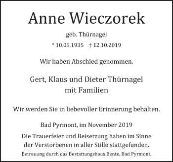 Traueranzeige von Anne Wieczorek von Deister- und Weserzeitung
