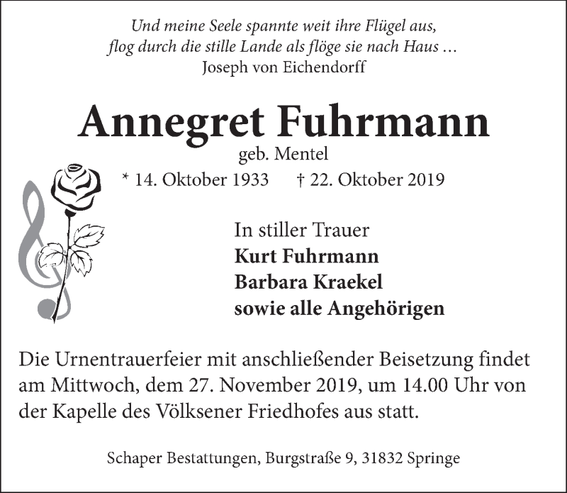  Traueranzeige für Annegret Fuhrmann vom 23.11.2019 aus Neue Deister-Zeitung