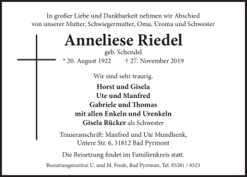 Traueranzeige von Anneliese Riedel von Deister- und Weserzeitung