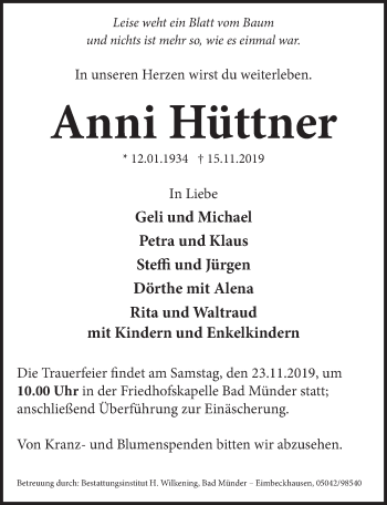 Traueranzeige von Anni Hüttner von Neue Deister-Zeitung