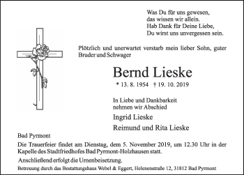 Traueranzeige von Bernd Lieske von Deister- und Weserzeitung