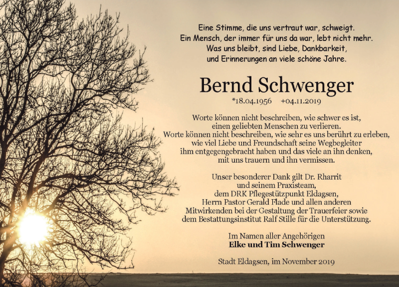  Traueranzeige für Bernd Schwenger vom 27.11.2019 aus Neue Deister-Zeitung