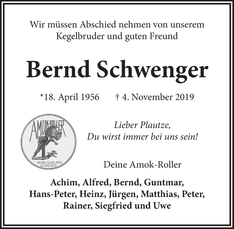  Traueranzeige für Bernd Schwenger vom 09.11.2019 aus Neue Deister-Zeitung