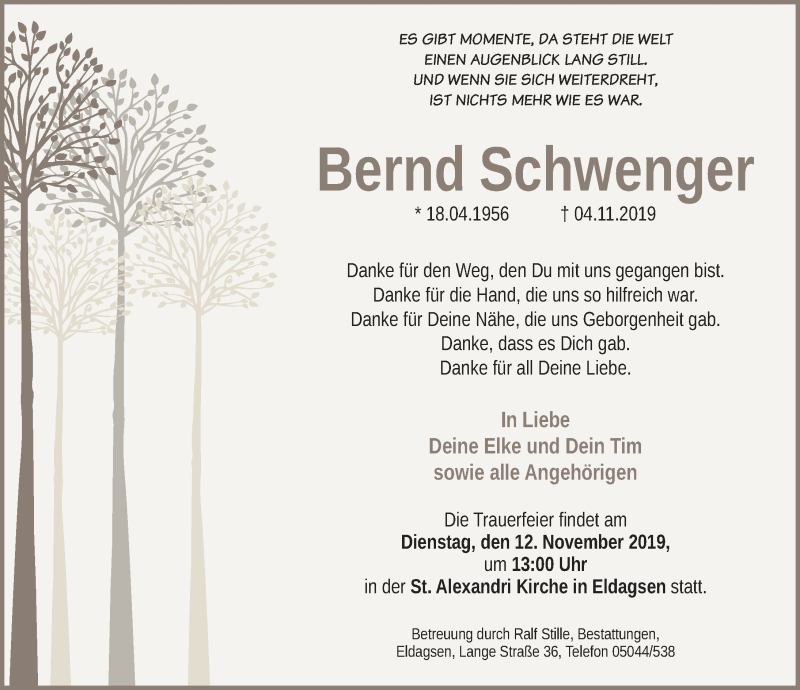 Traueranzeige für Bernd Schwenger vom 07.11.2019 aus Neue Deister-Zeitung