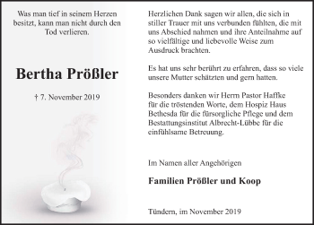 Traueranzeige von Bertha Prößler von Deister- und Weserzeitung
