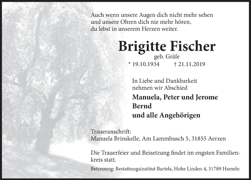  Traueranzeige für Brigitte Fischer vom 30.11.2019 aus Deister- und Weserzeitung