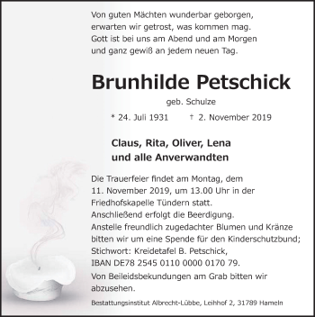 Traueranzeige von Brunhilde Petschick von Deister- und Weserzeitung