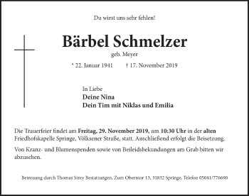 Traueranzeige von Bärbel Schmelzer von Neue Deister-Zeitung