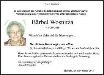 Traueranzeige von Bärbel Wosnitza von Deister- und Weserzeitung