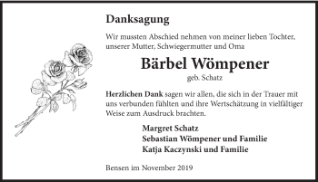 Traueranzeige von Bärbel Wömpener von Deister- und Weserzeitung