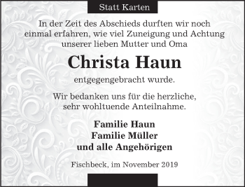 Traueranzeige von Christa Haun von Deister- und Weserzeitung