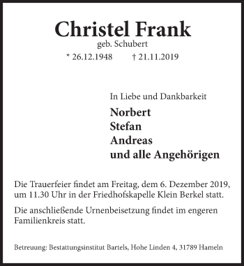 Traueranzeige von Christel Frank von Deister- und Weserzeitung