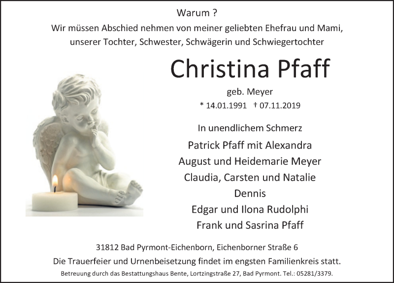  Traueranzeige für Christina Pfaff vom 13.11.2019 aus Deister- und Weserzeitung