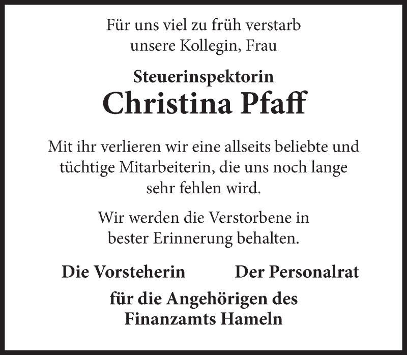  Traueranzeige für Christina Pfaff vom 15.11.2019 aus Deister- und Weserzeitung