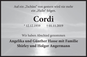 Traueranzeige von Cordi  von Deister- und Weserzeitung
