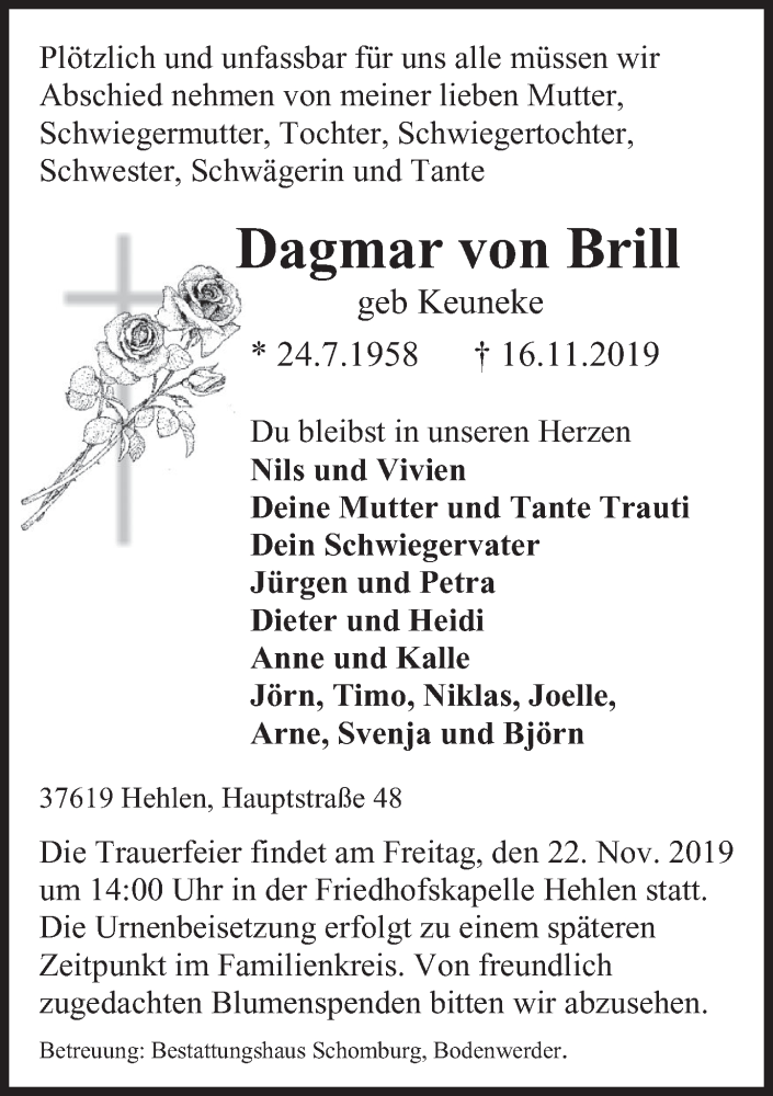  Traueranzeige für Dagmar von Brill vom 19.11.2019 aus Deister- und Weserzeitung