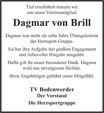 Traueranzeige von Dagmar von Brill von Deister- und Weserzeitung