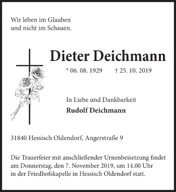 Traueranzeige von Dieter Deichmann von Deister- und Weserzeitung
