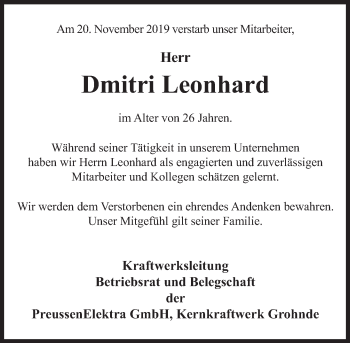 Traueranzeige von Dmitri Leonhard von Deister- und Weserzeitung