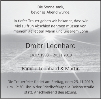 Traueranzeige von Dmitri Leonhard von Deister- und Weserzeitung